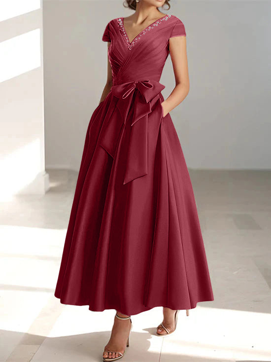 V-Neck A-Line Princess Ankle-Length Mother of the Bride Dress With Short Sleeves Pockets & Ruffles