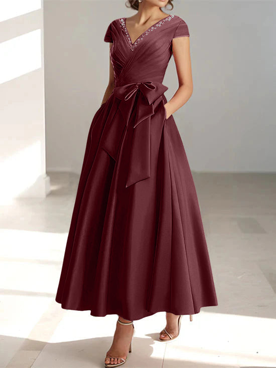 V-Neck A-Line Princess Ankle-Length Mother of the Bride Dress With Short Sleeves Pockets & Ruffles