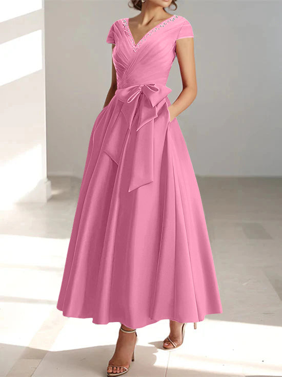 V-Neck A-Line Princess Ankle-Length Mother of the Bride Dress With Short Sleeves Pockets & Ruffles
