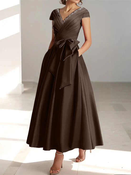 V-Neck A-Line Princess Ankle-Length Mother of the Bride Dress With Short Sleeves Pockets & Ruffles