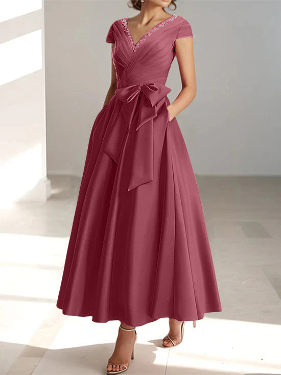 V-Neck A-Line Princess Ankle-Length Mother of the Bride Dress With Short Sleeves Pockets & Ruffles