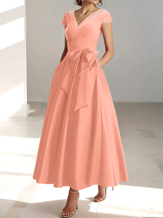V-Neck A-Line Princess Ankle-Length Mother of the Bride Dress With Short Sleeves Pockets & Ruffles