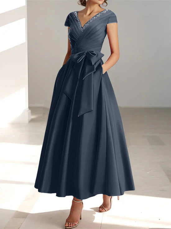 V-Neck A-Line Princess Ankle-Length Mother of the Bride Dress With Short Sleeves Pockets & Ruffles