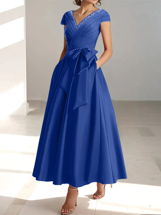 V-Neck A-Line Princess Ankle-Length Mother of the Bride Dress With Short Sleeves Pockets & Ruffles