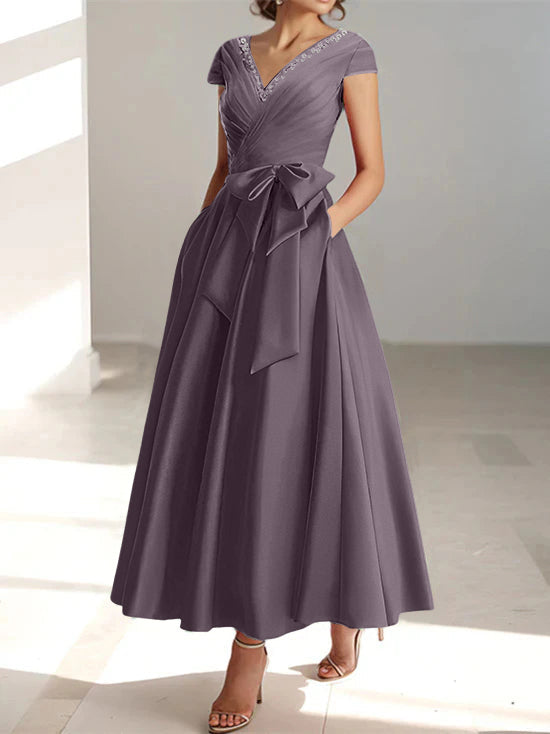 V-Neck A-Line Princess Ankle-Length Mother of the Bride Dress With Short Sleeves Pockets & Ruffles