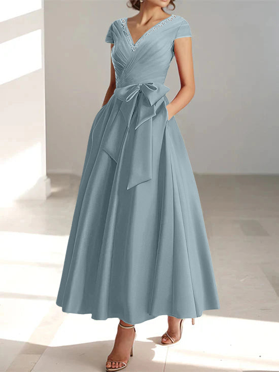 V-Neck A-Line Princess Ankle-Length Mother of the Bride Dress With Short Sleeves Pockets & Ruffles