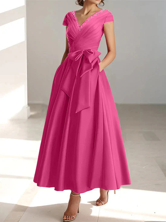 V-Neck A-Line Princess Ankle-Length Mother of the Bride Dress With Short Sleeves Pockets & Ruffles