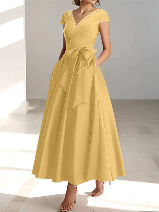 V-Neck A-Line Princess Ankle-Length Mother of the Bride Dress With Short Sleeves Pockets & Ruffles
