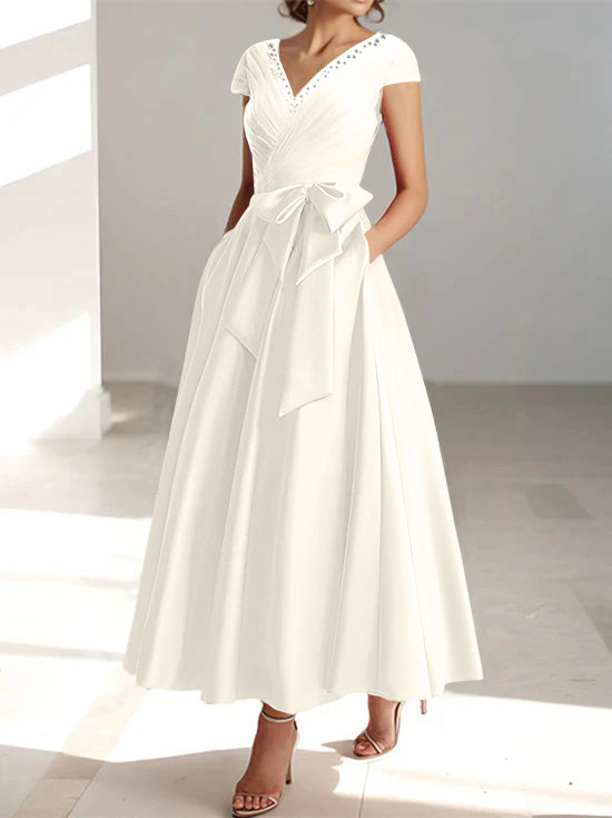 V-Neck A-Line Princess Ankle-Length Mother of the Bride Dress With Short Sleeves Pockets & Ruffles