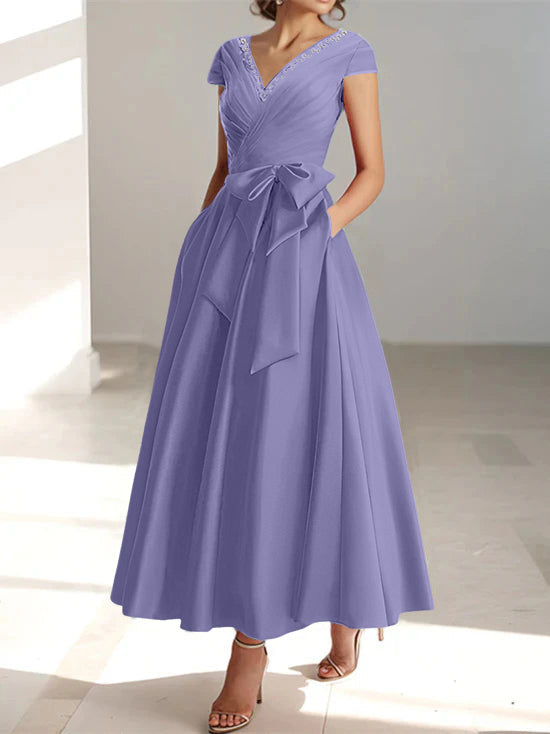 V-Neck A-Line Princess Ankle-Length Mother of the Bride Dress With Short Sleeves Pockets & Ruffles