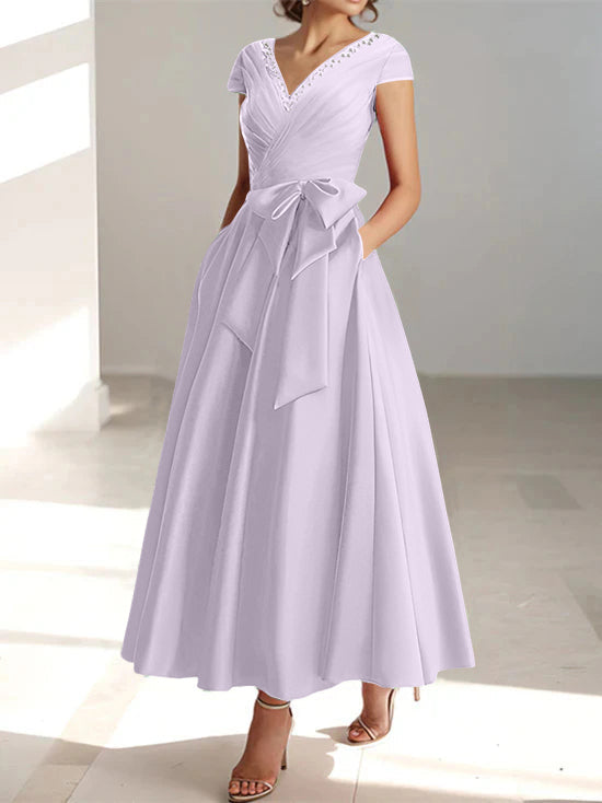 V-Neck A-Line Princess Ankle-Length Mother of the Bride Dress With Short Sleeves Pockets & Ruffles