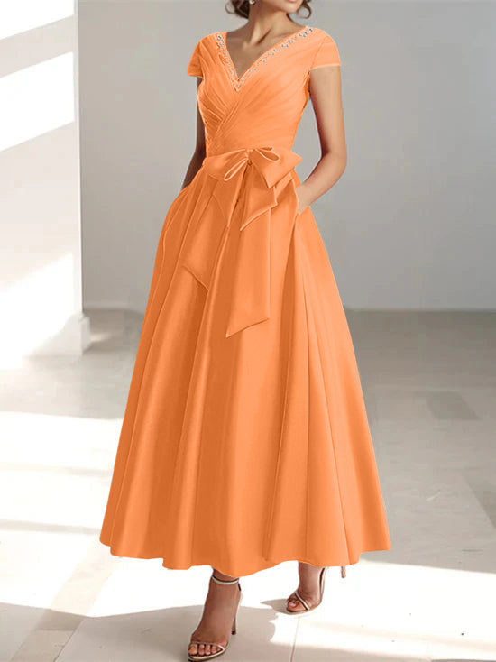 V-Neck A-Line Princess Ankle-Length Mother of the Bride Dress With Short Sleeves Pockets & Ruffles