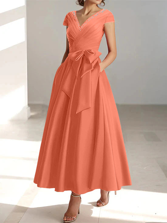 V-Neck A-Line Princess Ankle-Length Mother of the Bride Dress With Short Sleeves Pockets & Ruffles