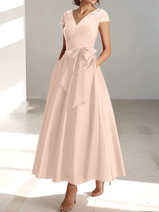 V-Neck A-Line Princess Ankle-Length Mother of the Bride Dress With Short Sleeves Pockets & Ruffles