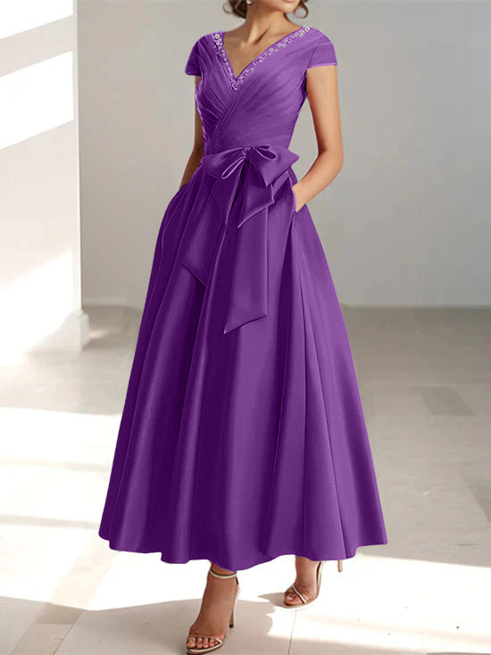 V-Neck A-Line Princess Ankle-Length Mother of the Bride Dress With Short Sleeves Pockets & Ruffles