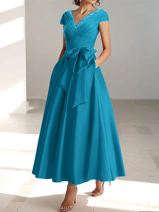 V-Neck A-Line Princess Ankle-Length Mother of the Bride Dress With Short Sleeves Pockets & Ruffles