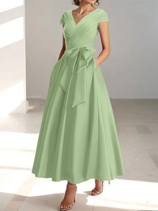 V-Neck A-Line Princess Ankle-Length Mother of the Bride Dress With Short Sleeves Pockets & Ruffles