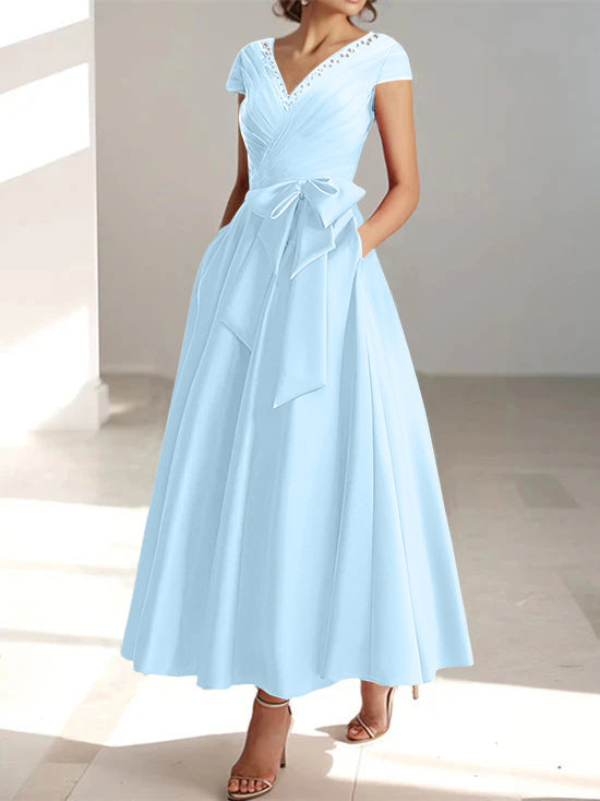 V-Neck A-Line Princess Ankle-Length Mother of the Bride Dress With Short Sleeves Pockets & Ruffles
