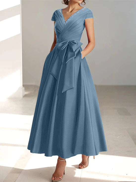 V-Neck A-Line Princess Ankle-Length Mother of the Bride Dress With Short Sleeves Pockets & Ruffles