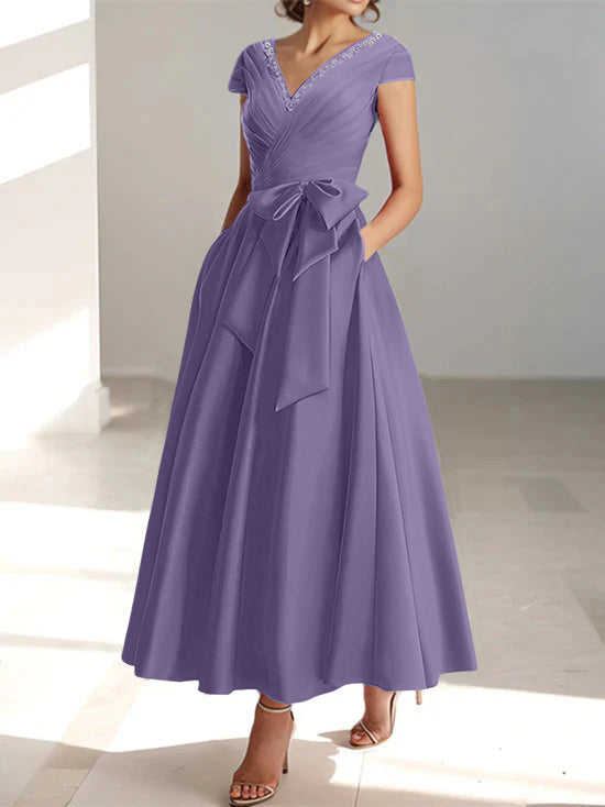 V-Neck A-Line Princess Ankle-Length Mother of the Bride Dress With Short Sleeves Pockets & Ruffles