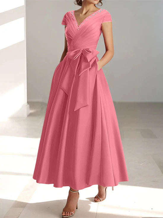 V-Neck A-Line Princess Ankle-Length Mother of the Bride Dress With Short Sleeves Pockets & Ruffles
