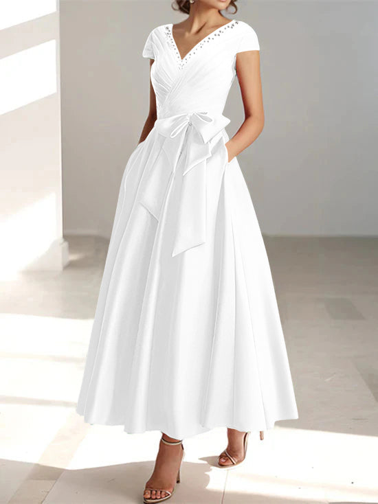 V-Neck A-Line Princess Ankle-Length Mother of the Bride Dress With Short Sleeves Pockets & Ruffles