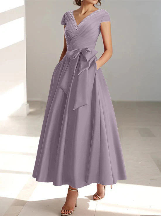 V-Neck A-Line Princess Ankle-Length Mother of the Bride Dress With Short Sleeves Pockets & Ruffles