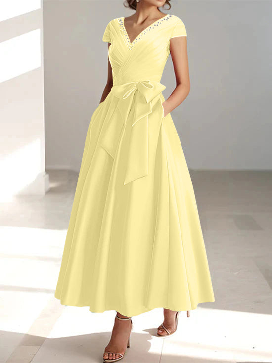 V-Neck A-Line Princess Ankle-Length Mother of the Bride Dress With Short Sleeves Pockets & Ruffles