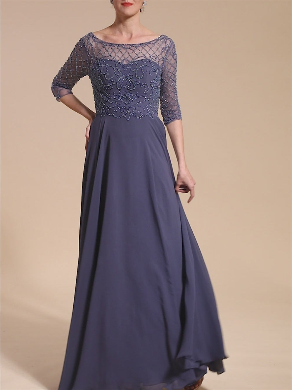 Floor-Length Beaded A-Line Mother of the Bride Dress with Scoop Neck and Short Sleeves