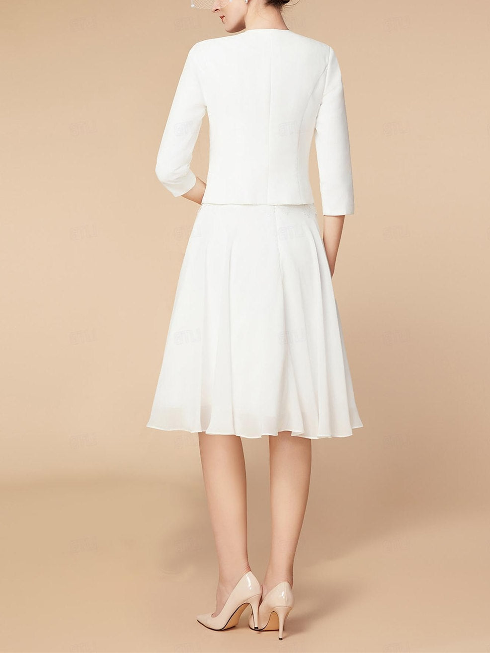 Knee-Length Mother of the Bride A-Line Dress with 3/4 Sleeves and Wraps