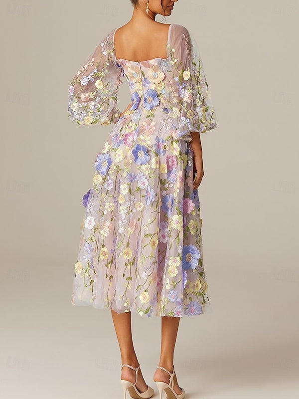 Princess A-Line Tea-Length Mother of the Bride Dress with Square Neck and Long Sleeves Featuring Appliques