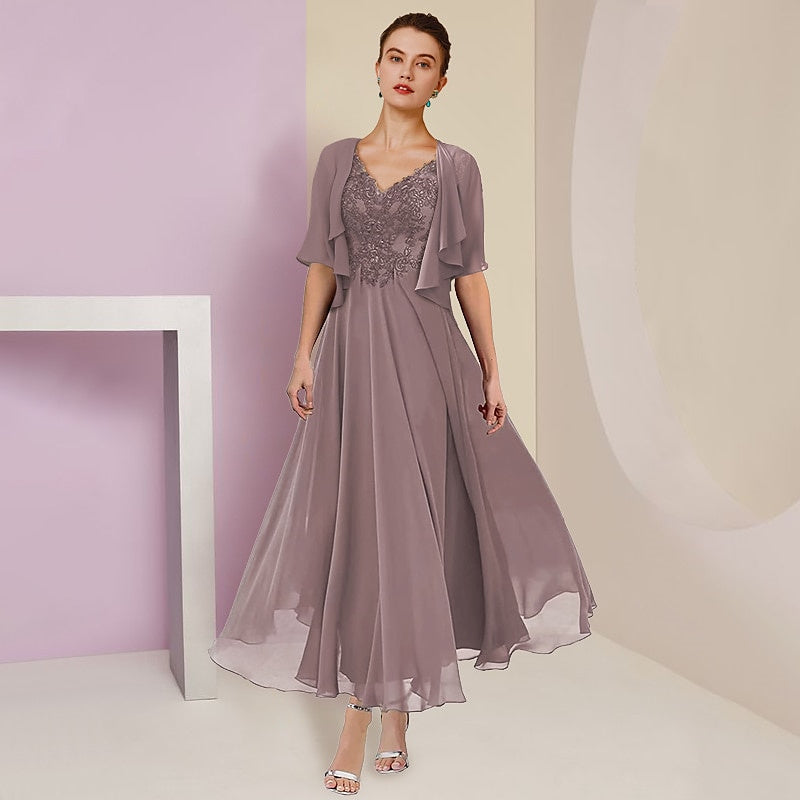 Short Sleeve A-Line Princess Jacket Dress for the Mother of the Bride