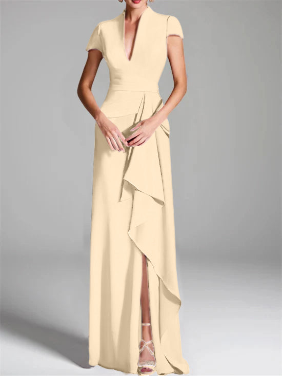 V-Neck Short-Sleeve Floor-Length Mother of the Bride Gown with Side Split