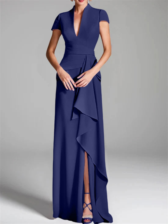 V-Neck Short-Sleeve Floor-Length Mother of the Bride Gown with Side Split