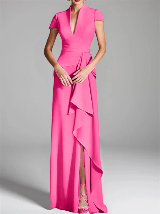 V-Neck Short-Sleeve Floor-Length Mother of the Bride Gown with Side Split