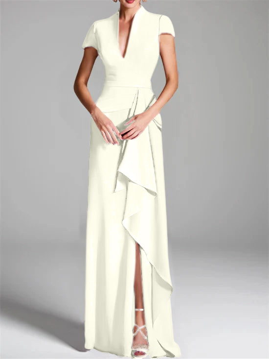 V-Neck Short-Sleeve Floor-Length Mother of the Bride Gown with Side Split