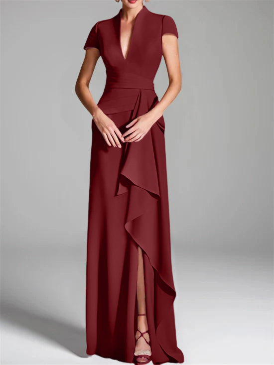 V-Neck Short-Sleeve Floor-Length Mother of the Bride Gown with Side Split