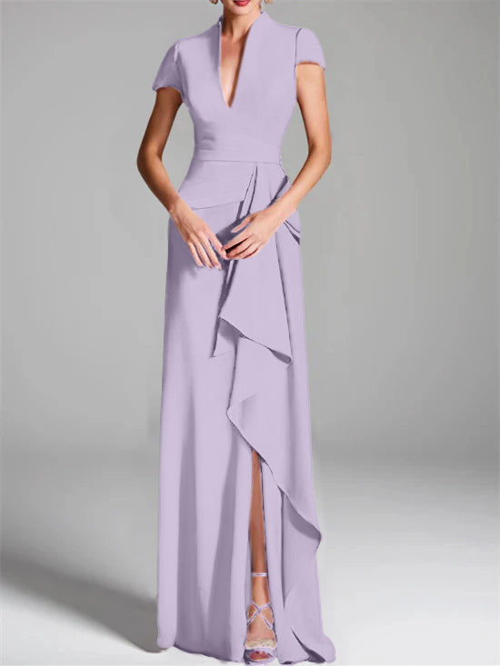 V-Neck Short-Sleeve Floor-Length Mother of the Bride Gown with Side Split
