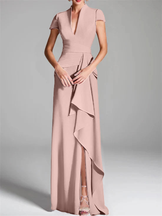 V-Neck Short-Sleeve Floor-Length Mother of the Bride Gown with Side Split