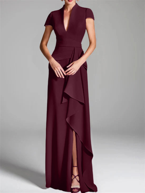 V-Neck Short-Sleeve Floor-Length Mother of the Bride Gown with Side Split
