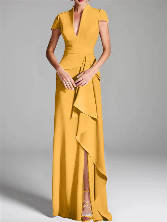 V-Neck Short-Sleeve Floor-Length Mother of the Bride Gown with Side Split