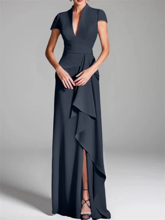 V-Neck Short-Sleeve Floor-Length Mother of the Bride Gown with Side Split