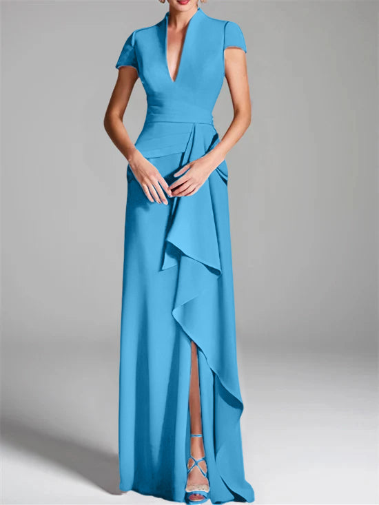 V-Neck Short-Sleeve Floor-Length Mother of the Bride Gown with Side Split