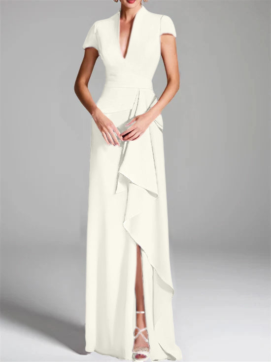 V-Neck Short-Sleeve Floor-Length Mother of the Bride Gown with Side Split
