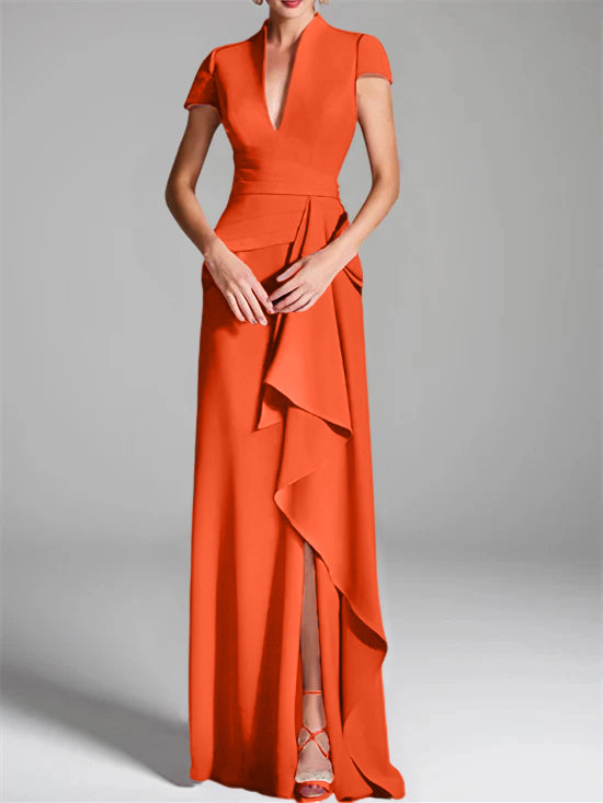 V-Neck Short-Sleeve Floor-Length Mother of the Bride Gown with Side Split