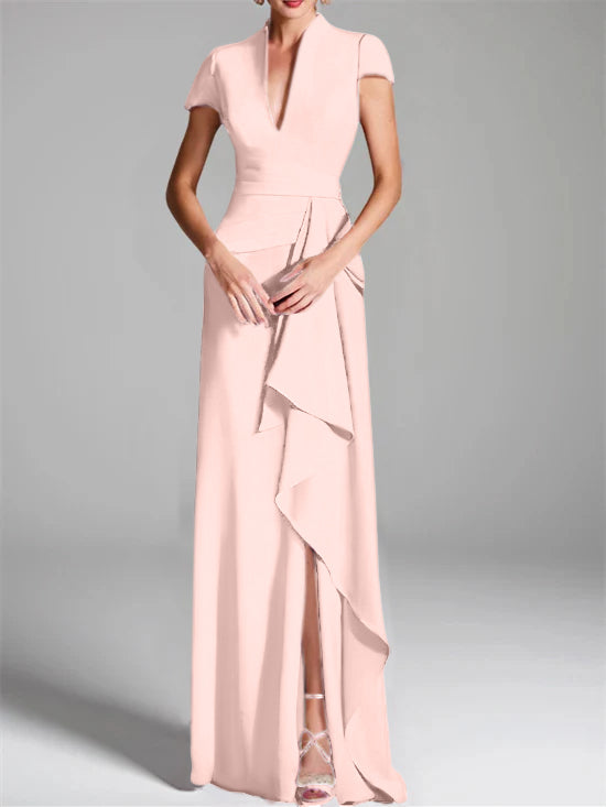 V-Neck Short-Sleeve Floor-Length Mother of the Bride Gown with Side Split