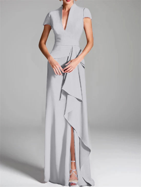 V-Neck Short-Sleeve Floor-Length Mother of the Bride Gown with Side Split
