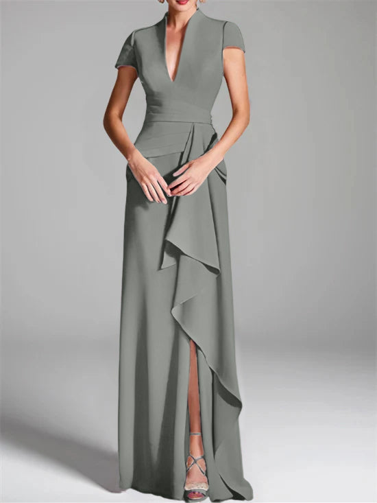 V-Neck Short-Sleeve Floor-Length Mother of the Bride Gown with Side Split