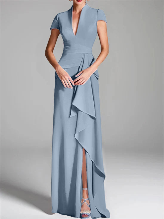 V-Neck Short-Sleeve Floor-Length Mother of the Bride Gown with Side Split