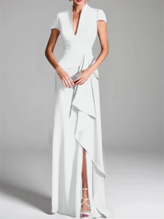 V-Neck Short-Sleeve Floor-Length Mother of the Bride Gown with Side Split